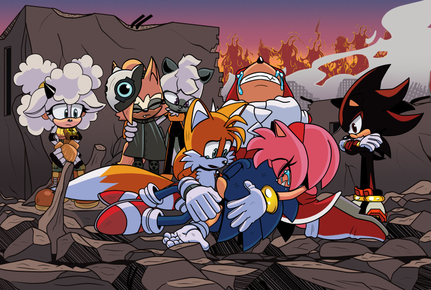 absurd_res amy_rose anthro blue_archer_(artist) bodily_fluids city clothing death debris destruction female fire group hi_res idw_publishing knuckles_the_echidna lanolin_the_sheep_(sonic) male male/female miles_prower sad sega shadow_the_hedgehog smoke somber sonic_the_hedgehog_(comics) sonic_the_hedgehog_(idw) sonic_the_hedgehog_(series) tangle_the_lemur tears whisper_the_wolf