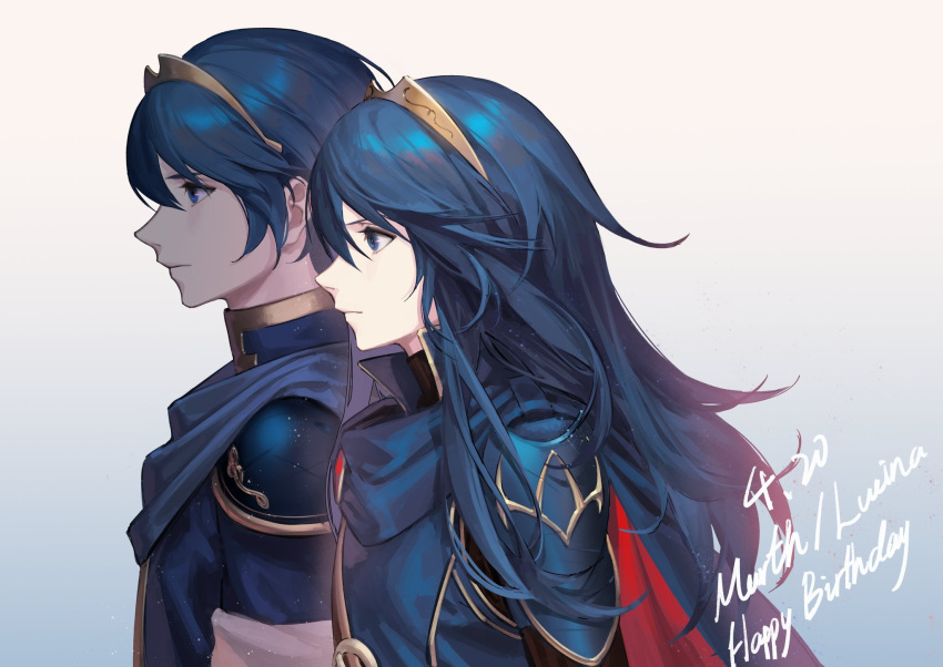 1boy 1girl blue_cape blue_eyes blue_hair cape dated fire_emblem fire_emblem:_mystery_of_the_emblem fire_emblem_awakening from_side gold_trim highres long_hair lucina_(fire_emblem) marth_(fire_emblem) mik_blamike red_cape related signature tiara