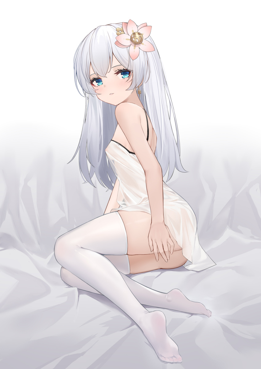 1girl absurdres ass blue_eyes breasts byx camisole covering covering_ass feet flower hair_flower hair_ornament highres honkai_(series) honkai_impact_3rd legs long_hair looking_at_viewer nipples no_panties no_shoes see-through sideboob sitting small_breasts soles solo theresa_apocalypse thighhighs thighs white_camisole white_hair white_thighhighs