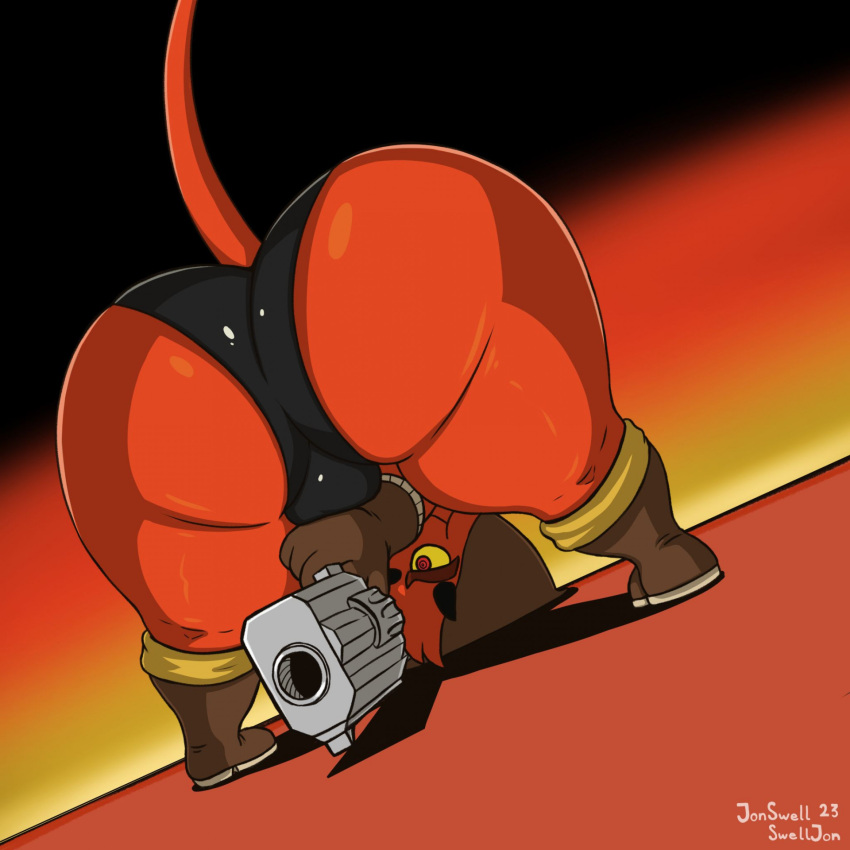 aiming_at_viewer anthro bent_over big_butt boots bulge butt clothing demon footwear fur gremile_'hotshot' gun handgun hi_res imp jonswell kings_of_hell looking_through looking_through_legs male pistol ranged_weapon red_body red_eyes red_fur solo weapon yellow_sclera