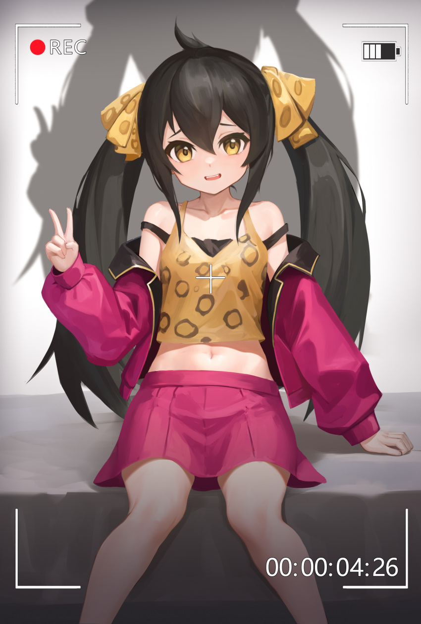 1girl absurdres animal_print battery_indicator black_hair black_vest highres idolmaster idolmaster_cinderella_girls idolmaster_cinderella_girls_u149 jacket leopard_print long_hair looking_at_viewer matoba_risa navel open_clothes open_jacket parted_lips pink_jacket pink_skirt recording sdhjjjd simple_background sitting skirt solo strap_slip tank_top teeth timestamp topknot twintails upper_teeth_only v vest viewfinder yellow_eyes