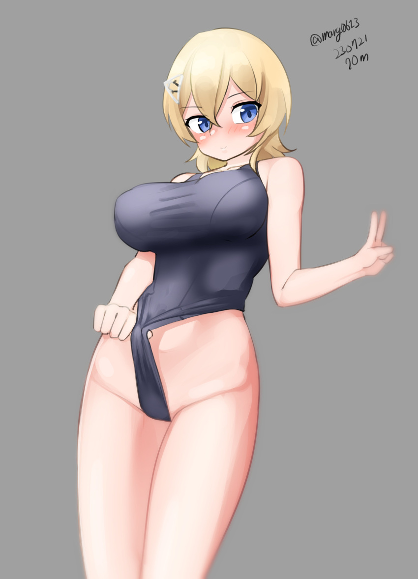 1girl absurdres blue_one-piece_swimsuit breasts feet_out_of_frame grey_background highres kantai_collection large_breasts looking_at_viewer maru_(marg0613) one-piece_swimsuit school_swimsuit simple_background solo swimsuit tuscaloosa_(kancolle) v wedgie