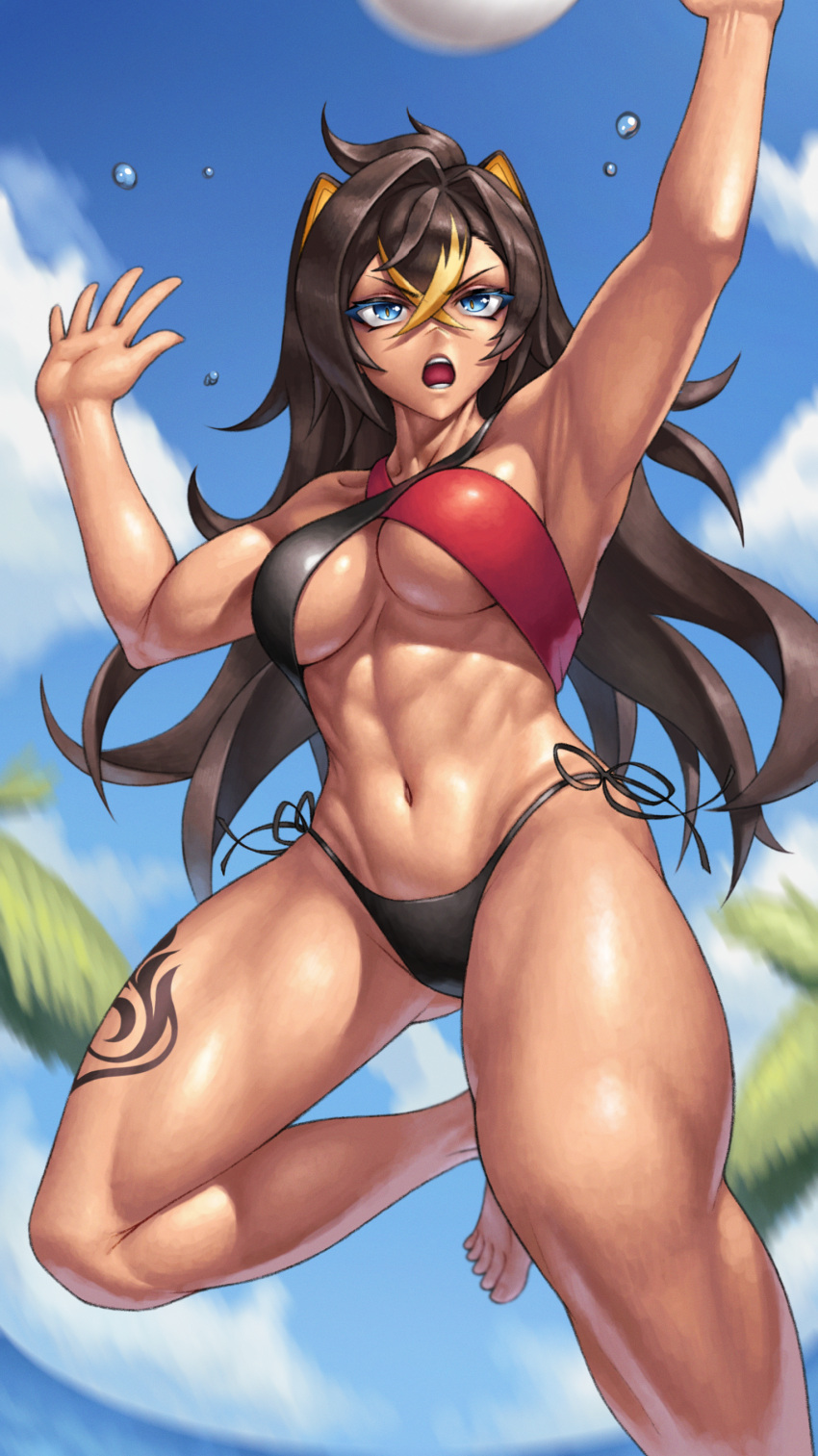 1girl :o abs absurdres armpits arms_up asymmetrical_clothes bare_arms bare_legs barefoot bikini black_bikini_bottom black_hair blonde_hair blue_eyes blurry blurry_background breasts cleavage criss-cross_halter crossed_bangs dark-skinned_female dark_skin dehya_(genshin_impact) genshin_impact hair_between_eyes hair_ears hair_intakes halterneck hands_up highres large_breasts leg_tattoo long_hair midair multicolored_hair muscular muscular_female navel obliques open_mouth outdoors palm_tree side-tie_bikini_bottom sky skylock solo stomach streaked_hair swimsuit tattoo thick_thighs thighs toes tree two-tone_hair water yellow_pupils