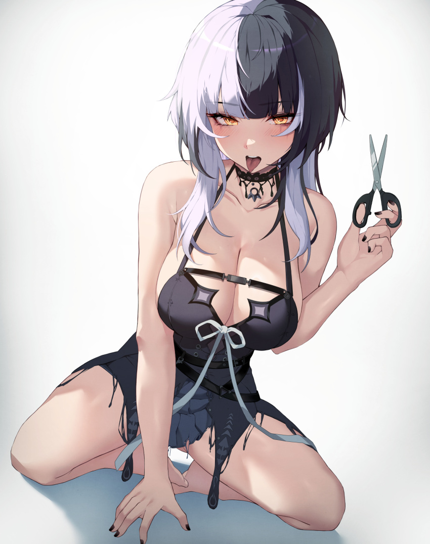 1girl black_choker black_hair black_nails breasts choker cleavage elbow_gloves gloves highres holding holding_scissors hololive hololive_english large_breasts lessone looking_at_viewer multicolored_hair scissors shiori_novella simple_background single_thighhigh solo split-color_hair striped striped_gloves thighhighs thighs tongue tongue_out virtual_youtuber white_background white_hair yellow_eyes