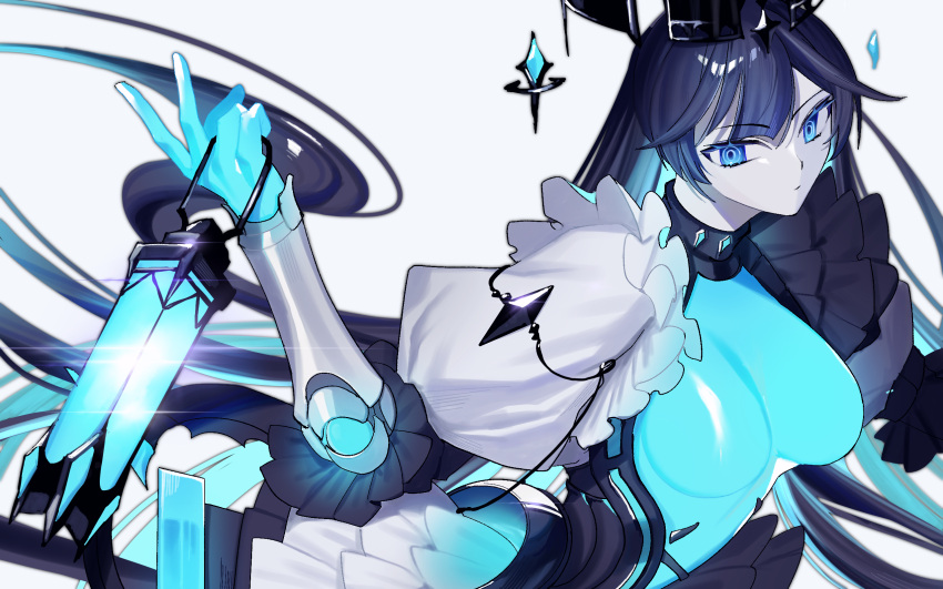 1girl arbiter_the_tower_xvi_(azur_lane) azur_lane black_hair blue_eyes breasts commission crown glowing_clothes headgear highres jewelry lantern long_hair long_sleeves looking_at_viewer medium_breasts multicolored_hair pale_skin siren_(azur_lane) skeb_commission uia3_koikoi white_background