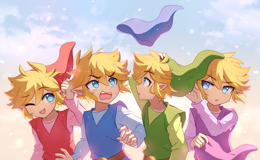 4boys :o ;d belt blonde_hair blue_eyes blue_headwear blue_shirt blue_tunic blush brown_belt cloud cloudy_sky commentary day english_commentary enni gradient_sky green_headwear green_shirt green_tunic hair_between_eyes hand_on_own_head hand_up hat hat_removed headwear_removed highres holding holding_clothes holding_hat link long_sleeves looking_at_another male_focus multiple_boys one_eye_closed open_mouth outdoors parted_bangs parted_lips pointy_ears purple_headwear purple_shirt purple_tunic red_headwear red_shirt red_tunic shirt short_hair sidelocks sky smile sweatdrop teeth the_legend_of_zelda the_legend_of_zelda:_four_swords tunic upper_teeth_only v-shaped_eyebrows wind