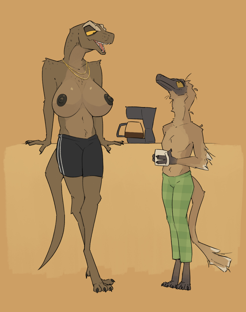 3_fingers 3_toes anthro beverage big_breasts bottomwear breasts brown_body clothed clothing coffee coffee_mug dinosaur duo eye_contact feathers feet female fingers freckles hi_res huge_breasts jayda_(zagz) jewelry jude_(zagz) looking_at_another male nipples ornithomimid pajamas reptile scalie sharp_teeth shorts simple_background teeth theropod tired tired_eyes toes topless topless_female tyrannosaurid tyrannosaurus tyrannosaurus_rex yellow_eyes zagz