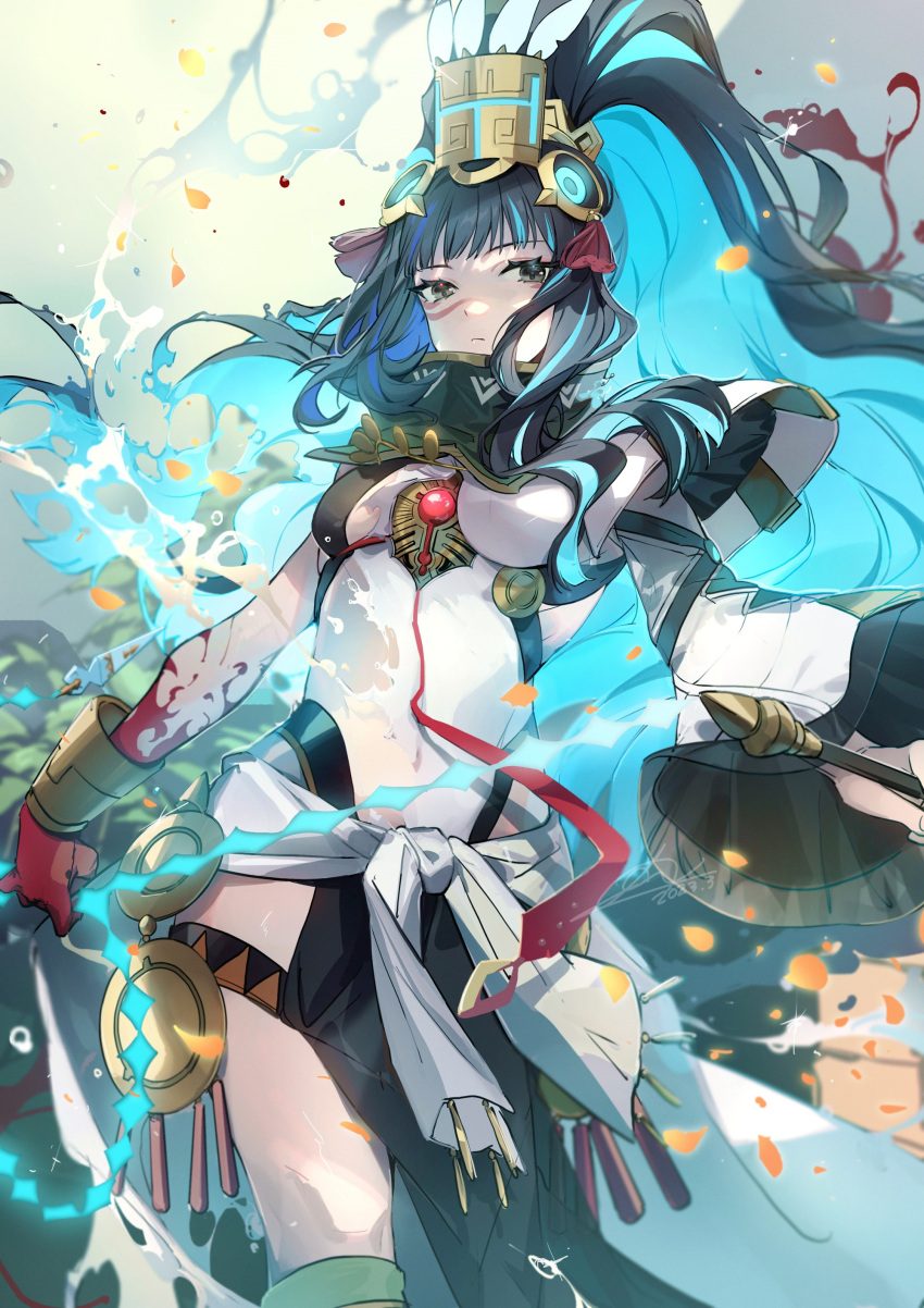 1girl absurdres black_hair blood blood_on_hands blue_hair bracelet breasts colored_inner_hair covered_navel facial_mark fate/grand_order fate_(series) grey_eyes highres jewelry long_hair looking_at_viewer medium_breasts multicolored_hair no-kan solo tenochtitlan_(fate) transformation upper_body very_long_hair