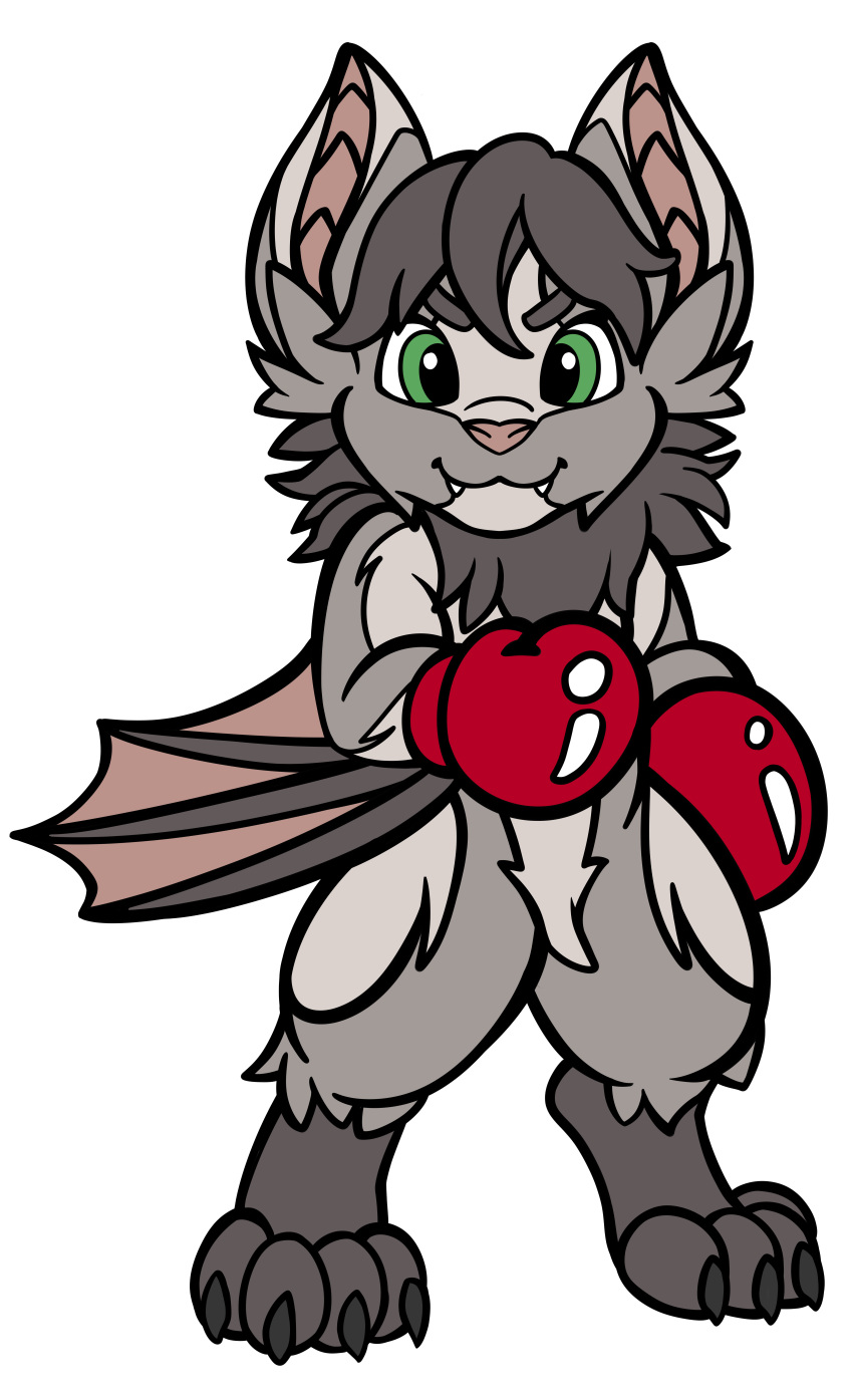 absurd_res anthro bat black_nails boxing_gloves clothing colored_nails danglebat eyebrows fluffy fur fur_markings fycroh green_eyes grey_body grey_fur grey_hair hair handwear hi_res humanoid male mammal markings membrane_(anatomy) membranous_wings nails orgen_(danglebat) pink_membrane pink_nose solo wing_bones winged_arms wings