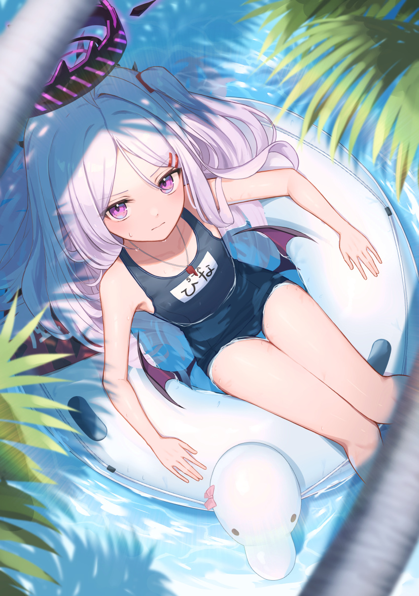 1girl absurdres bat_wings black_halo blue_archive blue_one-piece_swimsuit closed_mouth commentary_request flat_chest from_above hair_ornament hairclip halo highres hina_(blue_archive) hina_(swimsuit)_(blue_archive) honome_sui innertube leaf long_hair looking_at_viewer looking_up low_wings official_alternate_costume one-piece_swimsuit parted_bangs partially_submerged purple_eyes revision school_swimsuit solo swimsuit thighs water wet whistle whistle_around_neck white_hair wings