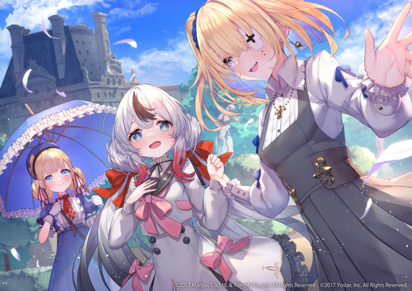 3girls :d azur_lane black_dress black_hair blonde_hair blue_dress blue_eyes blue_headwear blue_sky blush bow breasts building castle center_frills closed_mouth cloud collared_shirt colored_inner_hair company_name cross day double_bun dress earrings eyepatch frilled_dress frills gloves grey_shirt hair_between_eyes hair_bow hair_bun hair_ornament hair_ribbon hand_on_own_chest hat holding holding_hands holding_umbrella jewelry kt._(kaisou-notagui) l'indomptable_(azur_lane) le_terrible_(azur_lane) le_triomphant_(azur_lane) long_hair long_sleeves looking_at_another looking_at_viewer low_twintails medium_hair mole multicolored_hair multiple_girls necklace official_art open_mouth outdoors parasol petals pink_bow puffy_sleeves red_ribbon ribbon sailor_collar school_uniform scrunchie shirt short_sleeves sky small_breasts smile streaked_hair sweat sweatdrop teeth tower tree twintails two-tone_hair umbrella upper_teeth_only very_long_hair white_dress white_gloves white_hair white_shirt