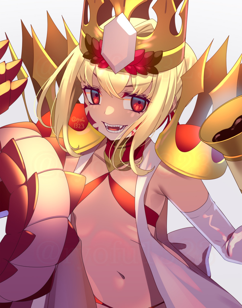 1girl ahoge bikini blonde_hair braid breasts chalice criss-cross_halter crown dragon_claw dragon_tail elbow_gloves facial_mark fate/grand_order fate_(series) french_braid gloves hair_bun hair_intakes hair_ribbon halterneck highres long_hair looking_at_viewer navel nero_claudius_(fate) open_clothes open_mouth queen_draco_(fate) red_bikini red_eyes red_ribbon ribbon robe ryofuhiko scales small_breasts smile solo swimsuit tail white_gloves white_robe