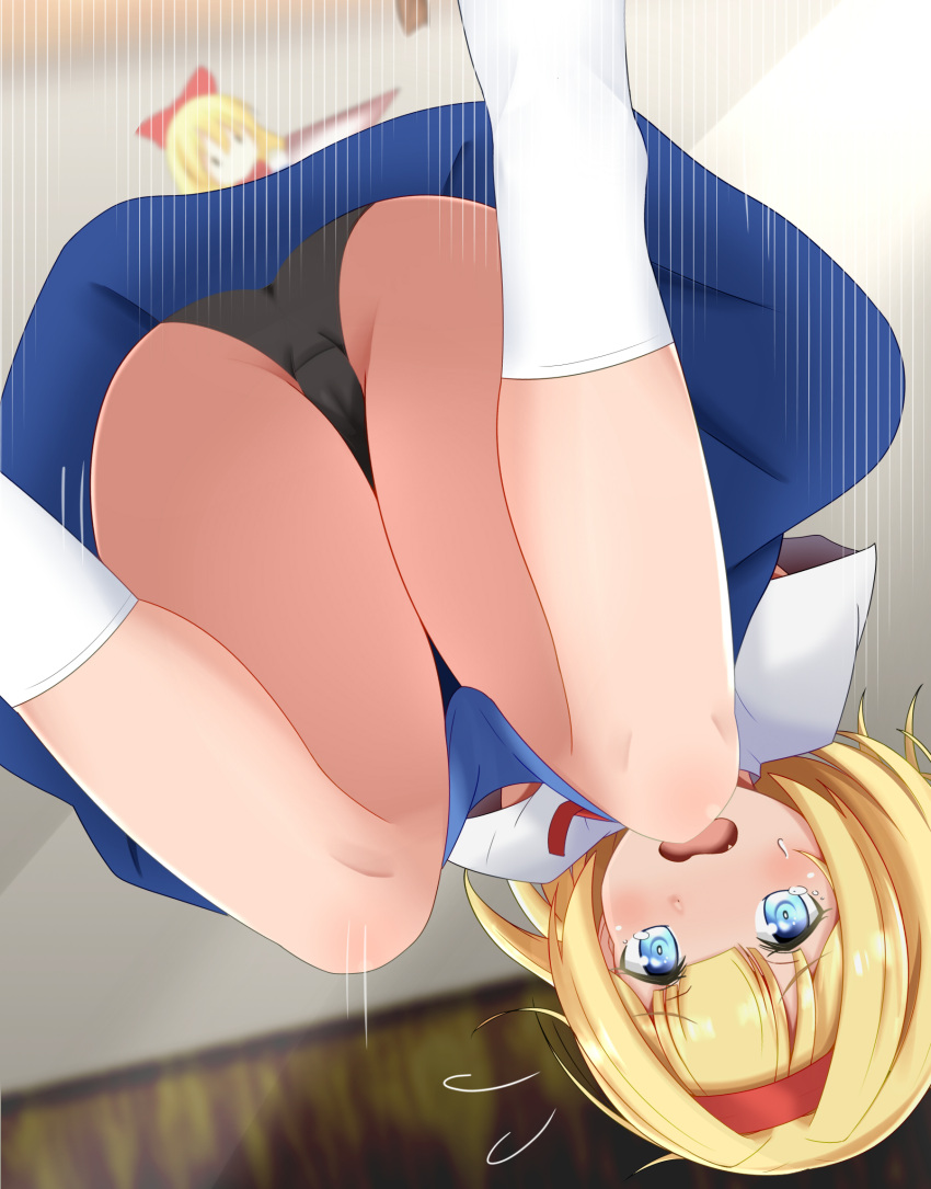 0_0 1girl alice_margatroid ass black_panties blonde_hair blue_dress blue_eyes blunt_bangs blush bow capelet commission d: doll dress falling flying_sweatdrops from_below hairband highres indoors light_blush lolita_hairband looking_at_viewer motion_lines onaho_(otayoku) open_mouth panties pantyshot pixiv_commission pleated_dress red_bow red_hairband red_ribbon ribbon shanghai_doll short_hair socks solo sweatdrop tearing_up thighs touhou underwear upside-down upskirt white_capelet white_socks