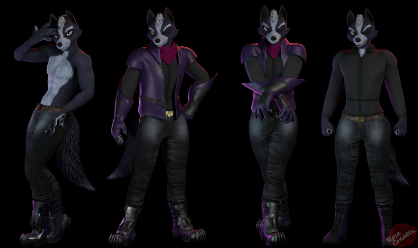 3d_(artwork) absurd_res anthro biped blender_(software) canid canine canis clothed clothing digital_media_(artwork) eyewear grey_body hair hi_res jojo_pose looking_at_viewer male mammal muscular muscular_anthro muscular_male nintendo rosecreates simple_background solo star_fox tail white_body wolf wolf_o'donnell