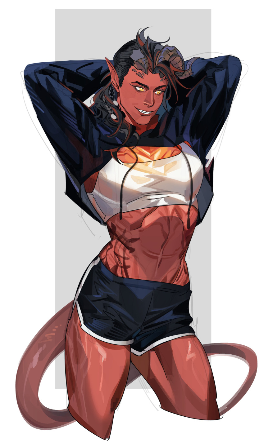 &gt;:) 1girl absurdres alternate_costume arms_behind_head arms_up asymmetrical_hair baldur's_gate baldur's_gate_3 black_hair black_shorts black_shrug border bra broken_horn colored_skin contemporary contrapposto cowboy_shot cropped_legs curled_horns demon_girl demon_horns demon_tail dolphin_shorts drawstring dungeons_and_dragons from_side greensalad350 grey_background grin highres horns karlach looking_to_the_side medium_hair midriff multicolored_hair muscular muscular_female navel outside_border pointy_ears red_hair red_skin scar scar_on_stomach sharp_teeth shorts shrug_(clothing) sidecut simple_background slit_pupils smile solo sports_bra standing streaked_hair tail teeth tiefling two-tone_hair undercut underwear v-shaped_eyebrows white_border white_bra yellow_eyes