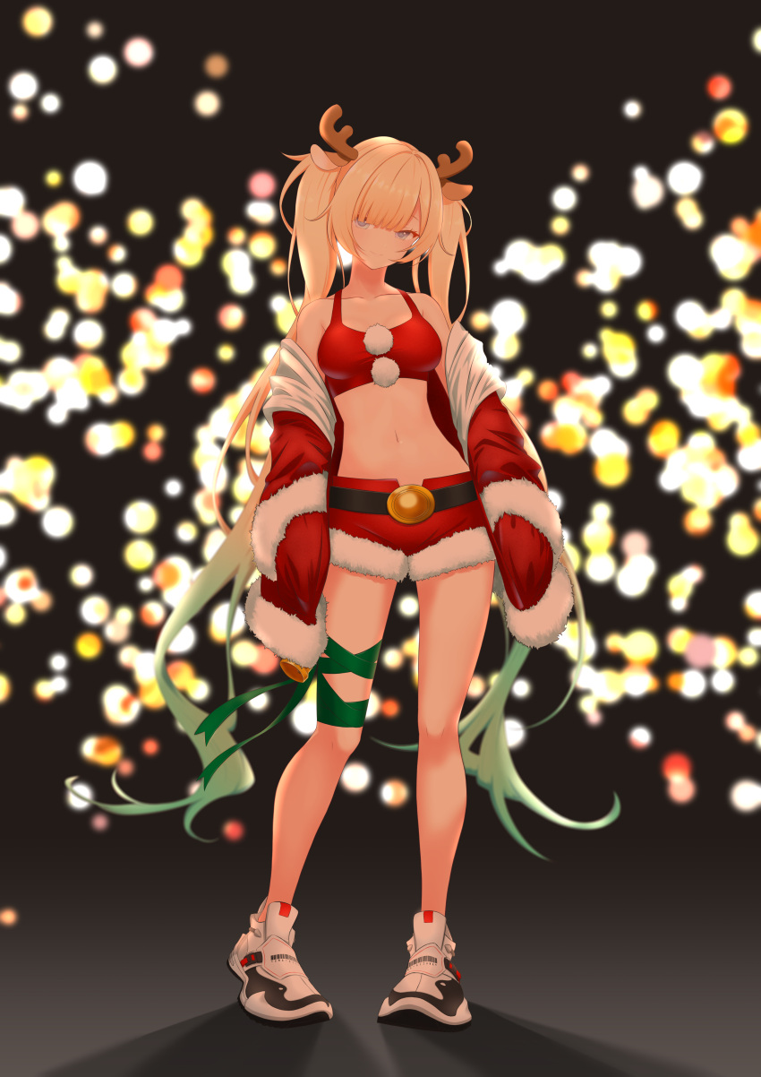 1girl absurdres aizawa_ema animal_ears antlers bare_shoulders bell belt bikini black_belt blonde_hair blue_eyes blunt_bangs christmas deer_ears fur-trimmed_bikini fur-trimmed_jacket fur-trimmed_shorts fur_trim gradient_hair green_hair green_ribbon highres jacket leg_ribbon lights long_hair looking_at_viewer midriff multicolored_hair navel night nouto off_shoulder pom_pom_(clothes) red_bikini red_jacket red_shorts reindeer_antlers ribbon santa_bikini santa_costume shoes short_shorts shorts sneakers solo standing stomach swimsuit twintails very_long_hair virtual_youtuber vspo!