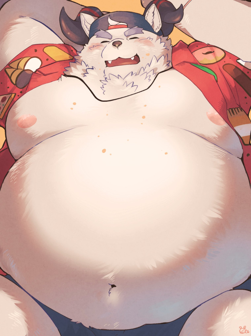 aloha_shirt anthro behemoth_(housamo) belly blush clothing crumbs eyebrows fur hi_res lifewonders lying male monster moobs navel nipples on_back overweight pattern_clothing pattern_shirt pattern_topwear sawch_cls shirt solo speedo swimwear thick_eyebrows tokyo_afterschool_summoners topwear white_body white_fur