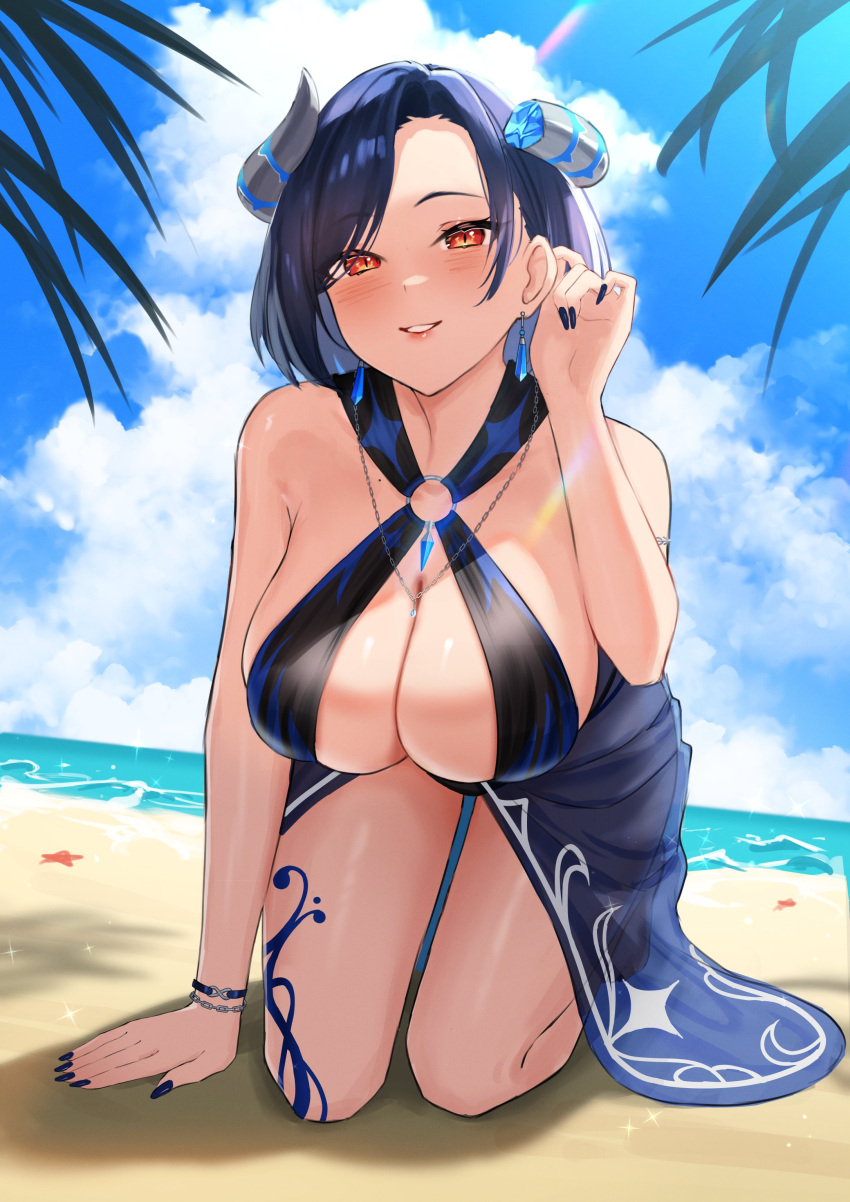 1girl absurdres bent_over bikini black_bikini black_nails black_skirt blue_hair blush bracelet breasts broken_horn brown_eyes cleavage cloud cyberlive earrings gudanco_(nyanmeowzer) hair_behind_ear halterneck highres horns jewelry large_breasts necklace o-ring o-ring_bikini oumiya_emma parted_lips second-party_source short_hair skirt sky smile solo swimsuit virtual_youtuber