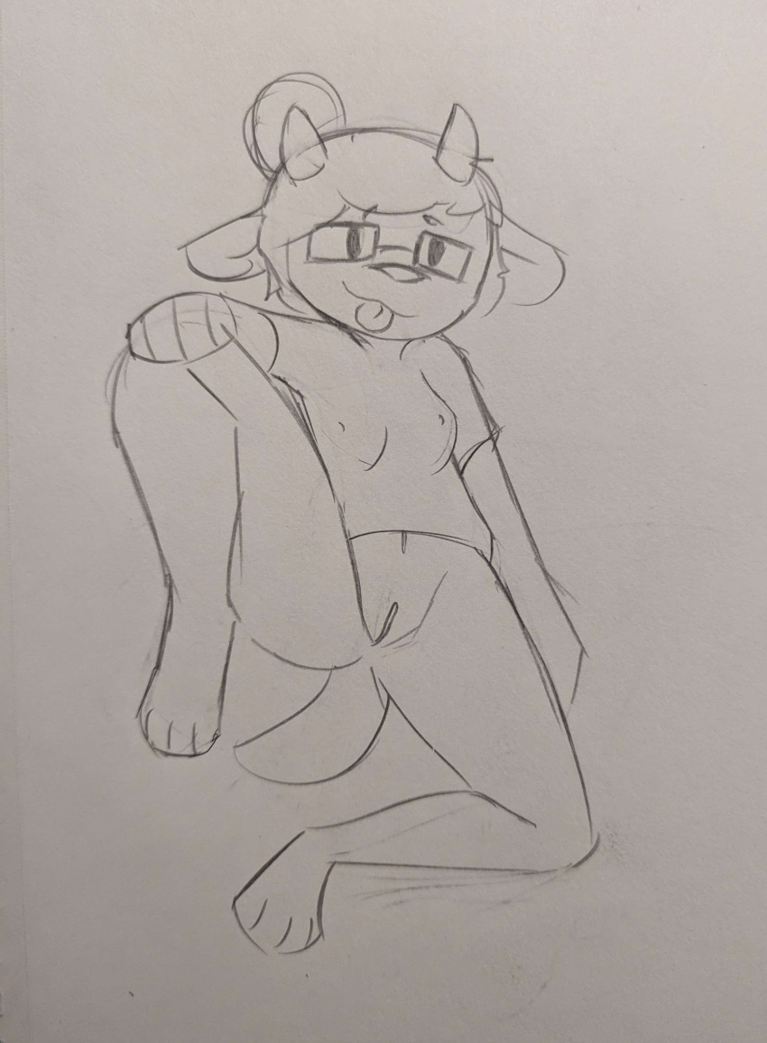 absurd_res anthro bea_takatomi blep bottomless canid canid_demon canine clothed clothing demon eyewear female glasses hair hair_bun hellhound hi_res horn humanoid looking_at_viewer mammal nipple_outline partially_clothed raised_leg shirt sleepysheepy17 smile solo solo_focus spread_legs spreading t-shirt t-shirt_only tongue tongue_out topwear