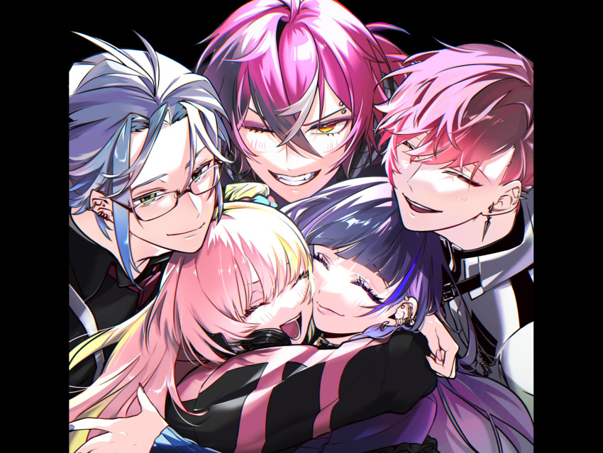 2girls 3boys black_hair blonde_hair blue_hair closed_eyes doppio_dropscythe ear_piercing eyebrow_piercing glasses gradient_hair green_eyes grin hex_haywire highres hug kotoka_torahime long_hair meloco_kyoran multicolored_hair multiple_boys multiple_girls nijisanji nijisanji_en piercing pink_hair purple_hair shinhrofficer smile split-color_hair streaked_hair two-tone_hair ver_vermillion virtual_youtuber white_hair xsoleil yellow_eyes