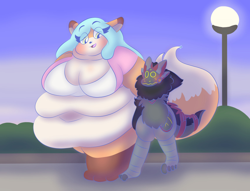 absurd_res anthro black_body black_fur breasts butt canid canine duo ears_back female fox fur grey_body grey_fur hi_res machine male mammal obese obese_anthro obese_female orange_body orange_fur overweight overweight_anthro overweight_female pivoted_ears protogen startlin tail white_body white_fur yellow_eyes