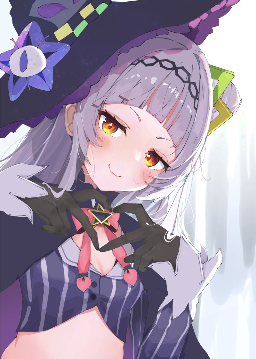 1girl arched_bangs black_gloves black_headwear blunt_bangs blush bow closed_mouth commentary_request cropped_shirt flat_chest gloves grey_hair hair_bun hair_ornament hairband hat heart heart_hands highres hololive long_hair long_sleeves looking_at_viewer midorikawa_(tawf5452) murasaki_shion pinstripe_pattern shirt short_eyebrows single_side_bun smile solo striped striped_shirt upper_body vertical-striped_shirt vertical_stripes virtual_youtuber witch witch_hat yellow_eyes