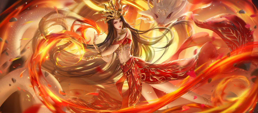 1girl absurdres bare_legs brown_hair cai_lin_(doupo_cangqiong) closed_mouth doupo_cangqiong fangs fangs_out fire glint hair_ornament highres jewelry long_hair looking_at_viewer navel red_nails red_skirt red_tank_top second-party_source skirt smile snake tank_top upper_body xue_chuzi_de_a_da