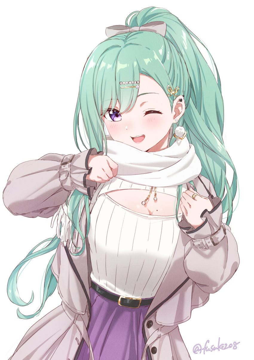 1girl ;d absurdres bangs belt black_belt black_nails blush bow breasts cleavage cleavage_cutout clothing_cutout coat ear_piercing earrings fuusuke_(fusuke208) green_hair hair_bow hair_ornament hairpin highres jewelry large_breasts long_hair long_sleeves looking_at_viewer meme_attire mole mole_on_breast one_eye_closed open-chest_sweater piercing pom_pom_(clothes) pom_pom_earrings ponytail purple_coat purple_eyes purple_skirt ribbed_sweater ring scarf skirt smile solo sweater swept_bangs twitter_username very_long_hair virtual_youtuber vspo! white_scarf white_sweater yakumo_beni