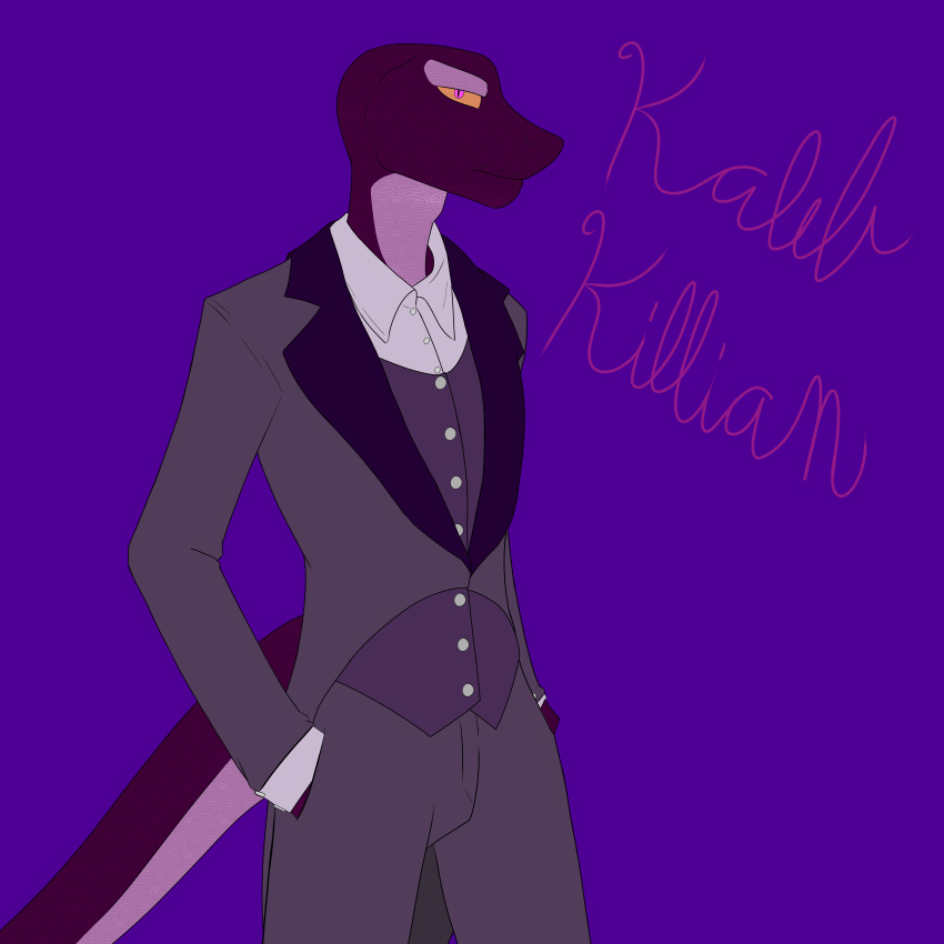 absurd_res anthro business_attire business_suit businesswear caxy_creations clothing cursive english_text hi_res kaleb_killian male reptile scalie simple_background snake solo suit text