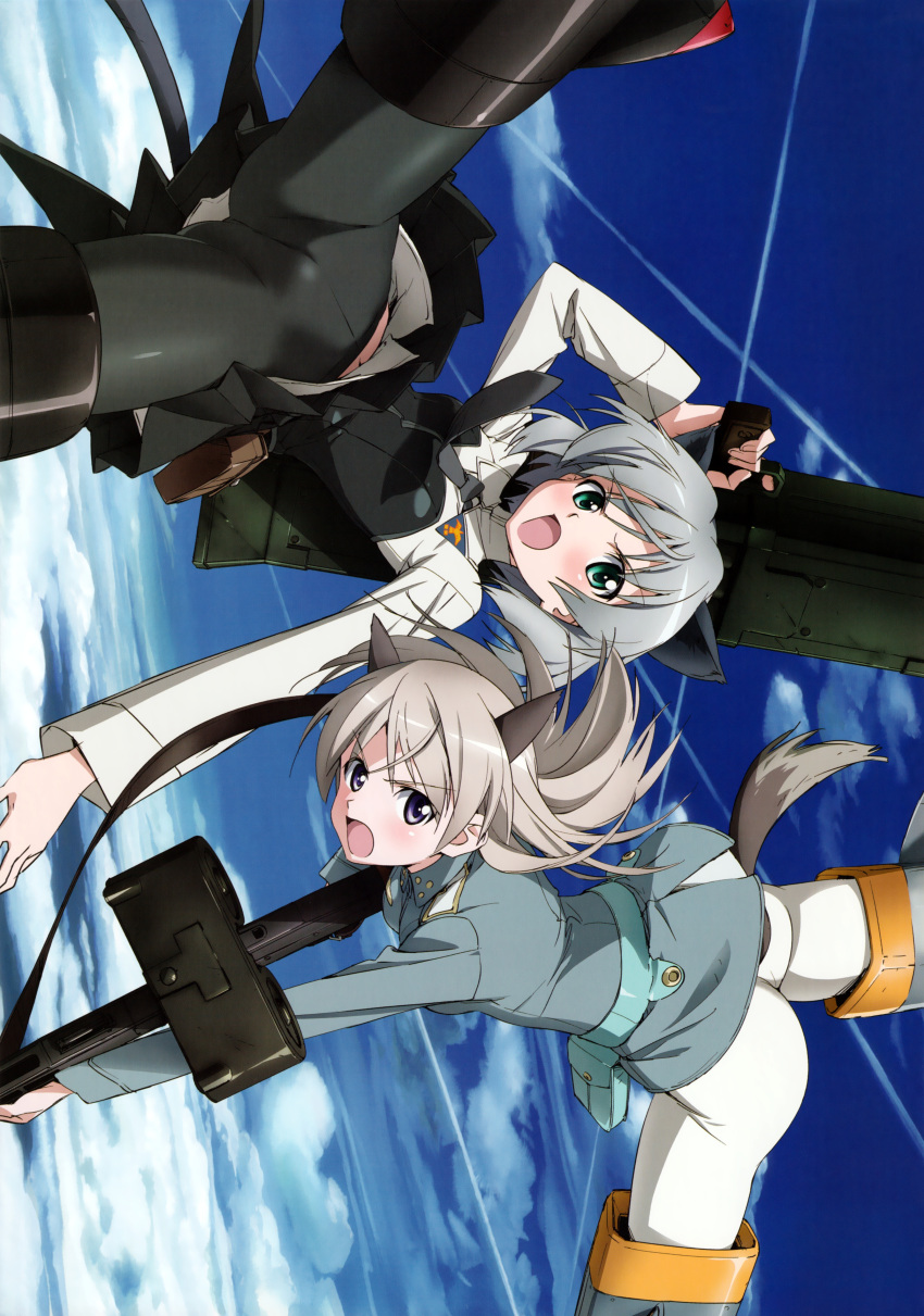 2girls absurdres animal_ears black_pantyhose blue_eyes cat_ears cat_girl cat_tail cover crotch_seam eila_ilmatar_juutilainen exif_rotation fox_ears fox_girl fox_tail green_eyes gun highres machine_gun mg42 military military_uniform multiple_girls pantyhose photoshop_(medium) rifle sanya_v._litvyak strike_witches striker_unit tail takamura_kazuhiro uniform upskirt weapon world_witches_series