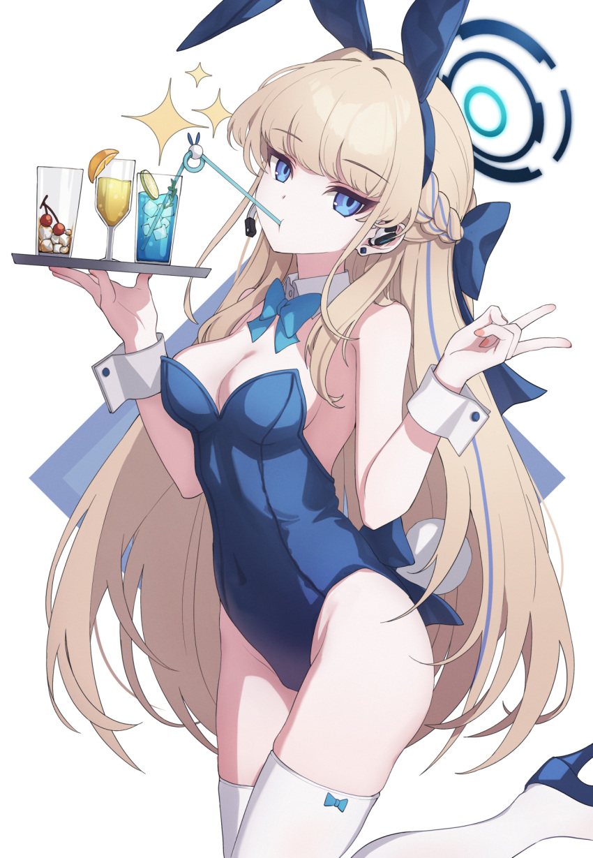 1girl animal_ears aqua_bow aqua_bowtie blonde_hair blue_archive blue_bow blue_eyes blue_footwear blue_hair blue_leotard bow bowtie braid breasts cleavage commentary cup detached_collar drinking drinking_glass drinking_straw earpiece earrings fake_animal_ears fake_tail hair_bow halo high_heels highres holding holding_tray jewelry leg_up leotard long_hair looking_at_viewer medium_breasts multicolored_hair official_alternate_costume playboy_bunny rabbit_ears rabbit_tail ripnte simple_background single_earring solo sparkle standing standing_on_one_leg strapless strapless_leotard streaked_hair tail thighhighs toki_(blue_archive) toki_(bunny)_(blue_archive) tray v very_long_hair white_background white_thighhighs white_wrist_cuffs wrist_cuffs