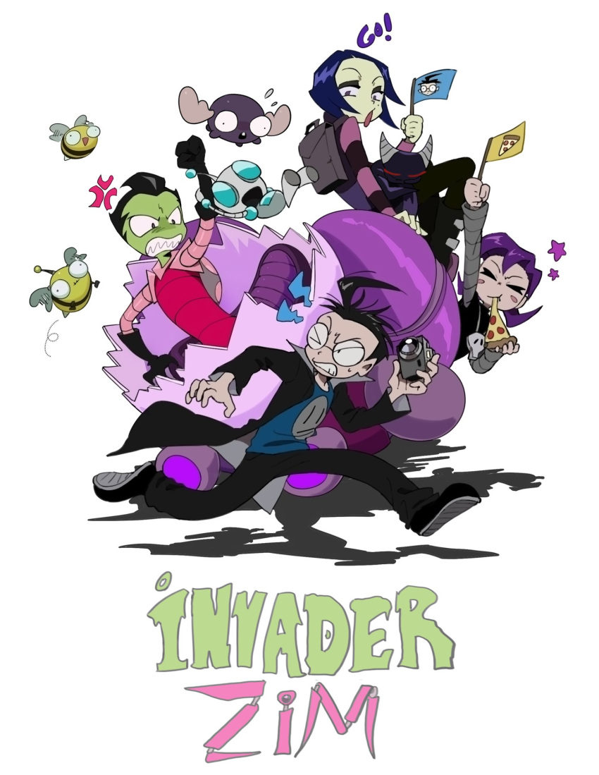 2girls alien animification backpack bag bee black_hair brother_and_sister bug camera child crunchcontrol dib_(invader_zim) english_text flag food gir_(invader_zim) glasses highres holding holding_camera invader_zim mini_moose mole mole_under_eye multiple_girls pizza purple_hair robot shadow siblings simple_background star_(symbol) tak_(invader_zim) white_background zim_(invader_zim)
