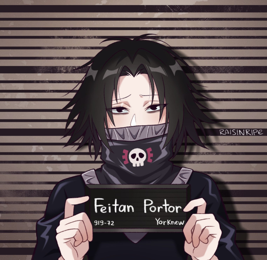 1boy bandana bandana_over_mouth barbie_mugshot_(meme) black_eyes black_hair feitan_portor furrowed_brow hands_up height_chart height_mark highres holding holding_sign hunter_x_hunter looking_at_viewer male_focus meme mugshot parted_bangs prisoner raisinripe shirt short_hair sign skull_print solo upper_body