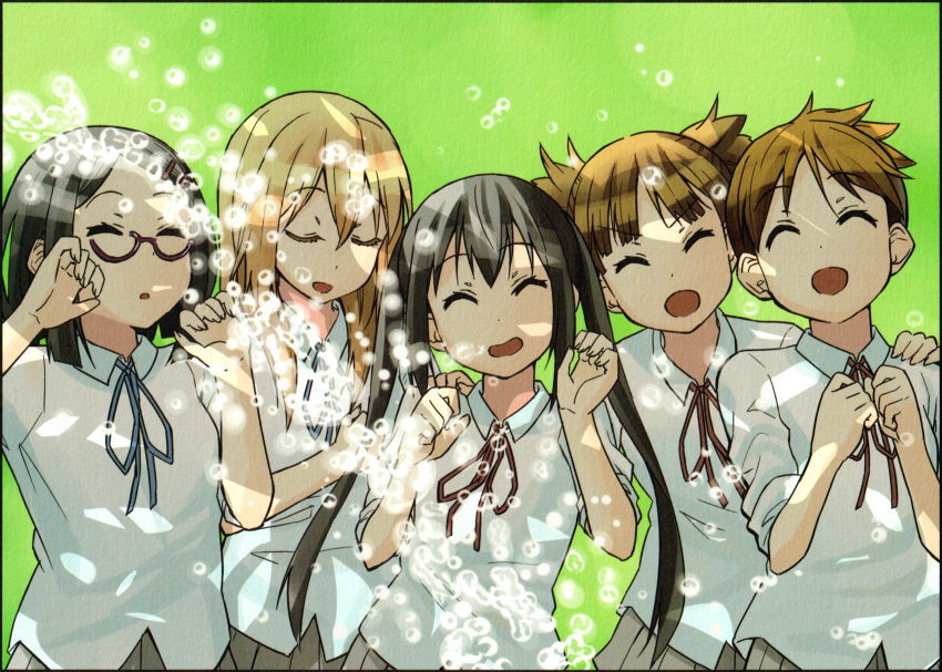 5girls absurdres black_hair blonde_hair blue_ribbon brown_hair bubble closed_eyes dappled_sunlight glasses hair_between_eyes hands_on_shoulders hands_up highres hirasawa_ui k-on! kakifly long_hair looking_at_viewer multiple_girls nakano_azusa neck_ribbon official_art okuda_nao open_mouth pleated_skirt ribbon saitou_sumire sakuragaoka_high_school_uniform scan school_uniform shirt short_hair simple_background skirt sleeves_pushed_up standing sunlight suzuki_jun twintails white_shirt