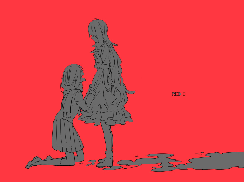 2girls apron apron_grab asahimachi begging boots closed_mouth clothes_grab commentary_request dress enpera facing_another facing_to_the_side false_smile frilled_dress frills from_side full_body greyscale_with_colored_background hair_over_eyes highres kagerou_project kneehighs kneeling kozakura_marry liquid loafers long_bangs long_hair long_sleeves multiple_girls neckerchief negative_space open_mouth partial_commentary pleated_skirt profile puddle red_background scarf school_uniform serafuku shoes simple_background skirt sleeve_cuffs sleeves_past_elbows smile socks standing tateyama_ayano very_long_hair wavy_hair