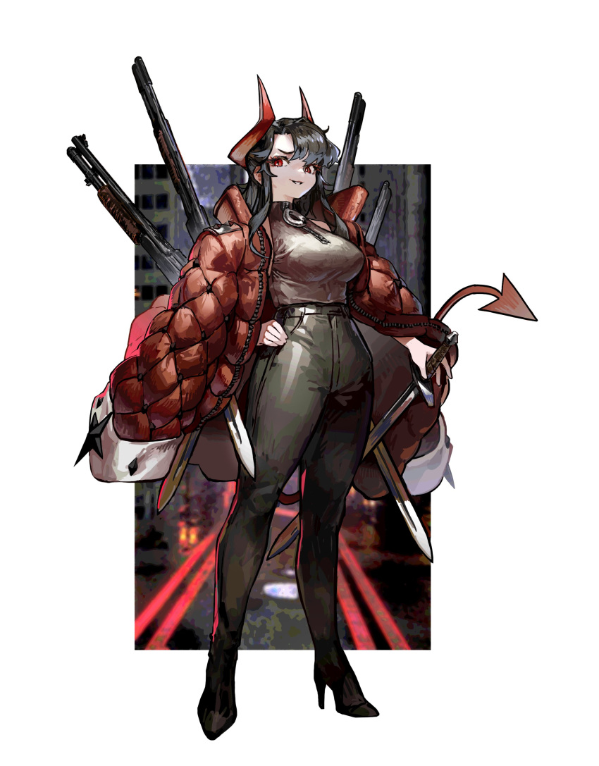 1girl absurdres black_hair boridongja character_request closed_mouth copyright_request demon_girl demon_horns demon_tail full_body gun hand_on_own_hip high_heels highres holding holding_sword holding_weapon horns jacket long_hair looking_at_viewer pants puffy_sleeves red_eyes shirt shotgun smile solo standing sword tail weapon