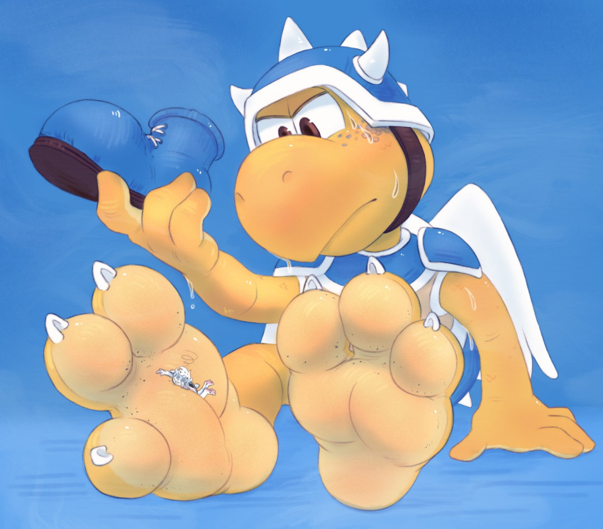 2023 3_toes anthro armor beak blue_background blue_clothing blue_footwear blue_shoes bodily_fluids brown_eyes claws clothing dirt dirty duo feathered_wings feathers feet floppy_ears footwear fur headgear helmet hi_res illumination_entertainment koopa koopa_general_(smbm) koopa_paratroopa koopa_troopa lagomorph leporid lop_ears male male/male mammal mario_bros micro nintendo pozole pozole_(character) rabbit scales scalie shell shoes simple_background sitting soles spiked_armor spiked_helmet spiked_shell spikes spikes_(anatomy) spiral_eyes spots sweat sweatdrop sweaty_face sweaty_feet the_super_mario_bros_movie toe_claws toes white_body white_fur wings yellow_body yellow_scales