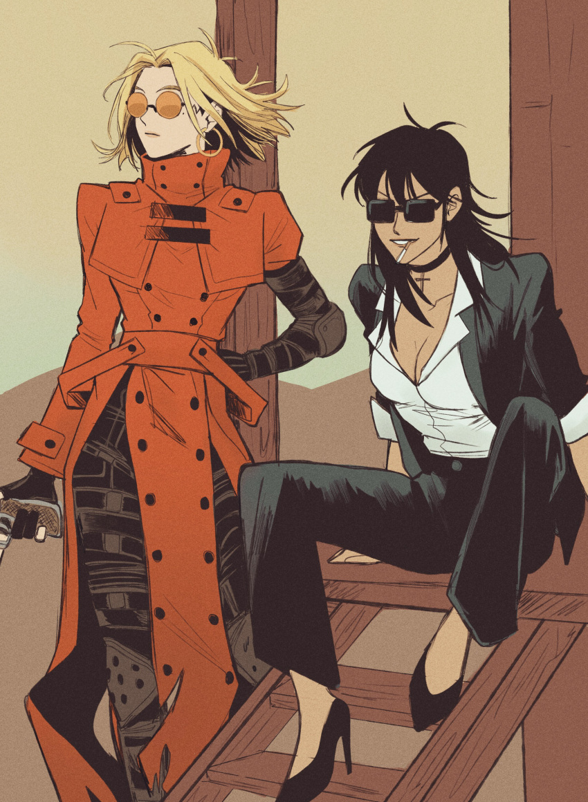 2girls absurdres black_hair blonde_hair breasts cigarette cleavage coat commentary earrings english_commentary florbetriz genderswap genderswap_(mtf) gloves high_heels highres jewelry multiple_girls nicholas_d._wolfwood red_coat round_eyewear shirt smile sunglasses trigun vash_the_stampede