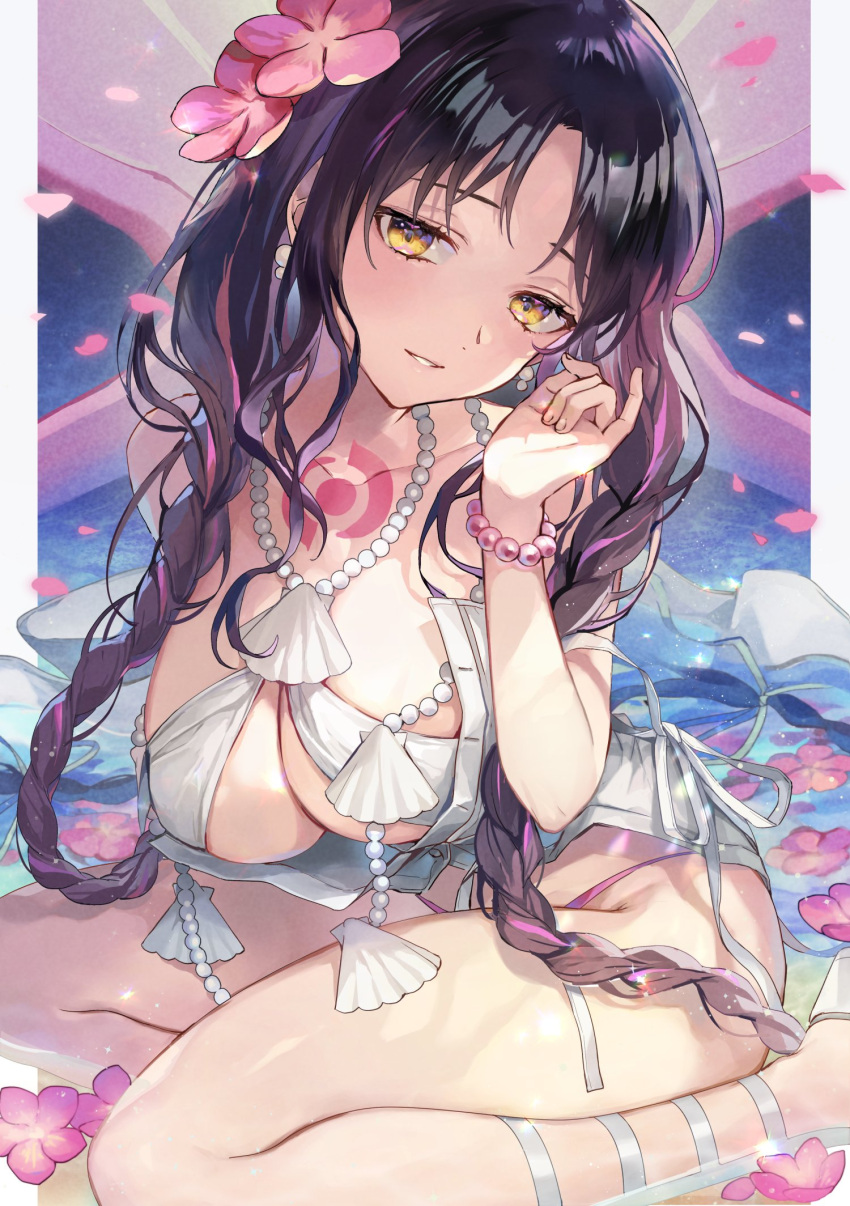 1girl bare_shoulders bikini black_hair blush bracelet braid breasts chest_tattoo cleavage earrings facial_mark fate/grand_order fate_(series) flower forehead_mark hair_flower hair_ornament highres jewelry large_breasts long_hair looking_at_viewer multicolored_hair necklace parted_bangs pearl_bracelet pearl_earrings pearl_necklace pink_hair sarong sessyoin_kiara sessyoin_kiara_(swimsuit_mooncancer) sessyoin_kiara_(swimsuit_mooncancer)_(first_ascension) shell_necklace sitting smile solo streaked_hair swimsuit tattoo thighs twin_braids very_long_hair vivi_(eve_no_hakoniwa) wariza white_bikini yellow_eyes