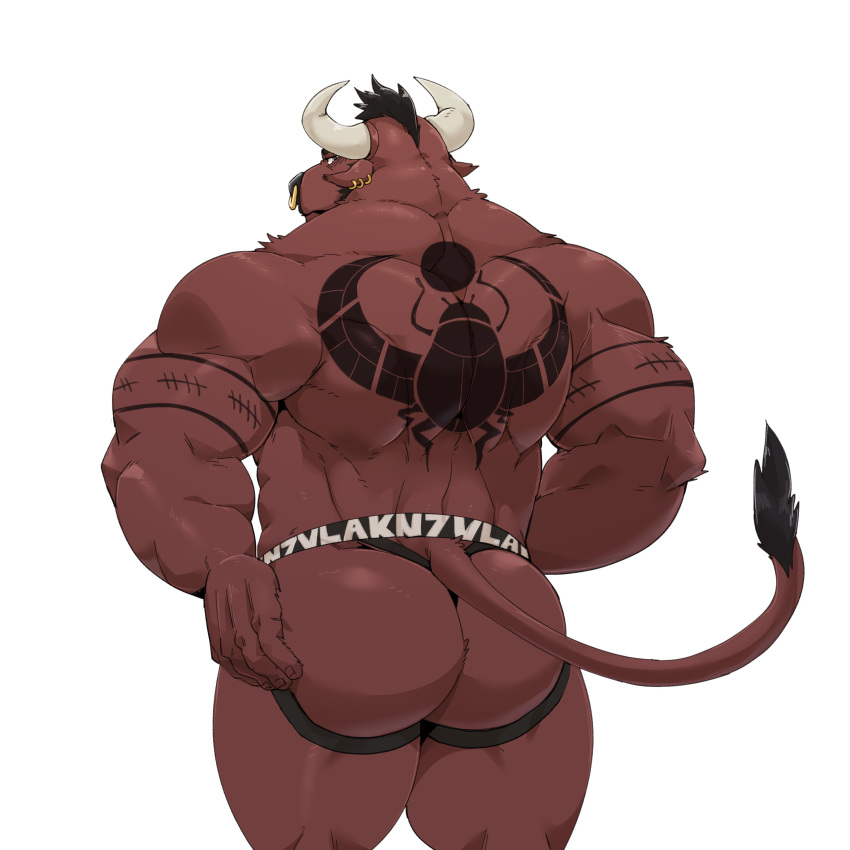 1:1 2022 2_horns absurd_res anthro arm_tattoo back_muscles back_tattoo biceps black_clothing black_hair black_jockstrap black_underwear bovid bovine brown_body brown_fur butt cattle clothing deltoids ear_piercing ear_ring facial_piercing fur hair hand_on_butt hi_res horn jockstrap jumperbear looking_at_viewer looking_back looking_back_at_viewer male mammal muscular muscular_anthro muscular_male nose_piercing nose_ring piercing rear_view ring_piercing septum_piercing septum_ring simple_background solo tail tail_tuft tattoo thick_thighs triceps tuft underwear vlak white_background