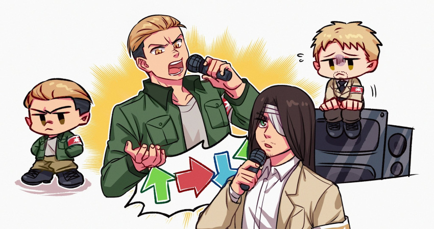 3boys :&lt; armband arrow_(symbol) bandage_over_one_eye black_hair blonde_hair brown_jacket chinese_commentary commentary_request eren_yeager facial_hair friday_night_funkin' frown goatee green_eyes green_jacket hair_slicked_back highres holding holding_microphone jacket long_hair male_focus microphone multicolored_hair multiple_boys parody porco_galliard reiner_braun serious shingeki_no_kyojin speaker style_parody two-tone_hair undercut v-shaped_eyebrows yanglao_paopaoren yellow_eyes