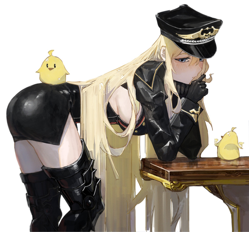 1girl absurdres armored_boots azur_lane bent_over bird bismarck_(azur_lane) bismarck_zwei_(azur_lane) black_dress black_footwear black_gloves black_headwear boots breasts buttons chick closed_mouth dress elbow_on_table from_side gloves hat highres large_breasts light_blush long_hair long_sleeves looking_at_viewer manjuu_(azur_lane) monmon_(sleepymonmon) peaked_cap playing_with_own_hair short_dress sideboob simple_background table white_background zettai_ryouiki