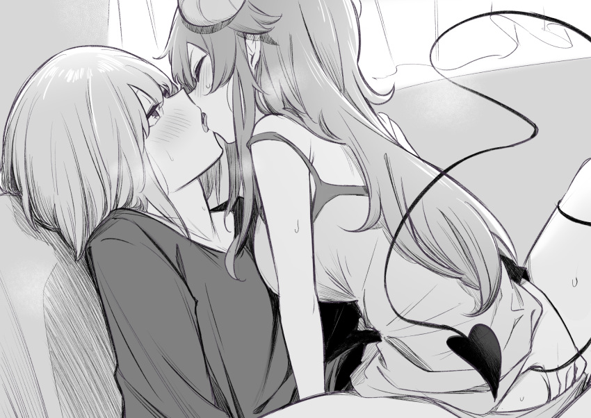 2girls ass blush borushichi breasts chiyoda_momo closed_eyes curled_horns demon_girl demon_horns demon_tail fingering flat_chest french_kiss greyscale highres horns kiss large_breasts long_hair long_sleeves looking_at_another machikado_mazoku monochrome multiple_girls open_mouth panties shirt short_hair sweat tail underwear yoshida_yuuko_(machikado_mazoku) yuri