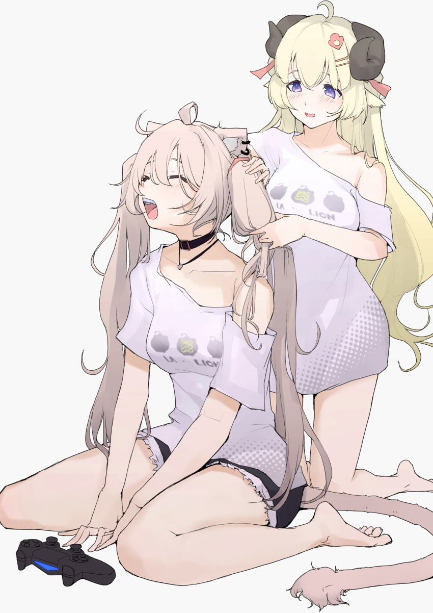2girls ahoge animal_ears bare_legs barefoot between_legs black_choker black_shorts blonde_hair blush breasts brushing_hair choker closed_eyes clothes_writing collarbone controller ear_piercing full_body game_controller gamepad grey_background hair_between_eyes hair_ornament hair_ribbon hairclip hairdressing hand_between_legs highres holding holding_another's_hair holding_hair hololive horns jewelry kneeling large_breasts lion_ears lion_girl lion_tail long_hair looking_at_another messy_hair mitsuru_(pixiv_34028718) multiple_girls necklace off_shoulder official_alternate_costume open_mouth oversized_clothes oversized_shirt piercing playstation_controller print_shirt purple_eyes red_ribbon ribbon sheep_ears sheep_girl sheep_horns shirt shishiro_botan shishiro_botan_(4th_costume) short_shorts short_sleeves shorts sidelocks simple_background single_bare_shoulder sitting t-shirt tail teeth thighs tsunomaki_watame twintails twintails_day tying_hair upper_teeth_only very_long_hair virtual_youtuber wariza white_background white_shirt yawning