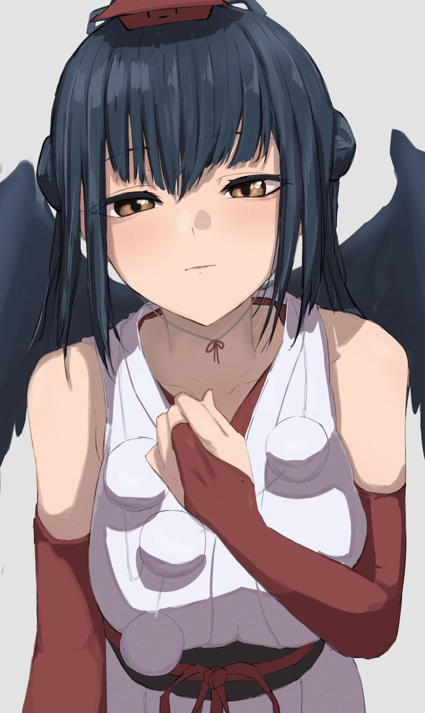 1girl absurdres bare_shoulders black_hair black_wings blush breasts bridal_gauntlets brown_eyes double_bun elbow_gloves feathered_wings feathers gloves hair_bun hat highres japanese_clothes kaekae_kaeru kimono large_breasts long_hair looking_at_viewer nijisanji obi parted_lips pom_pom_(clothes) red_gloves red_headwear sash sidelocks simple_background sleeveless sleeveless_kimono solo tengu tokin_hat twintails virtual_youtuber white_background white_kimono wings yamagami_karuta