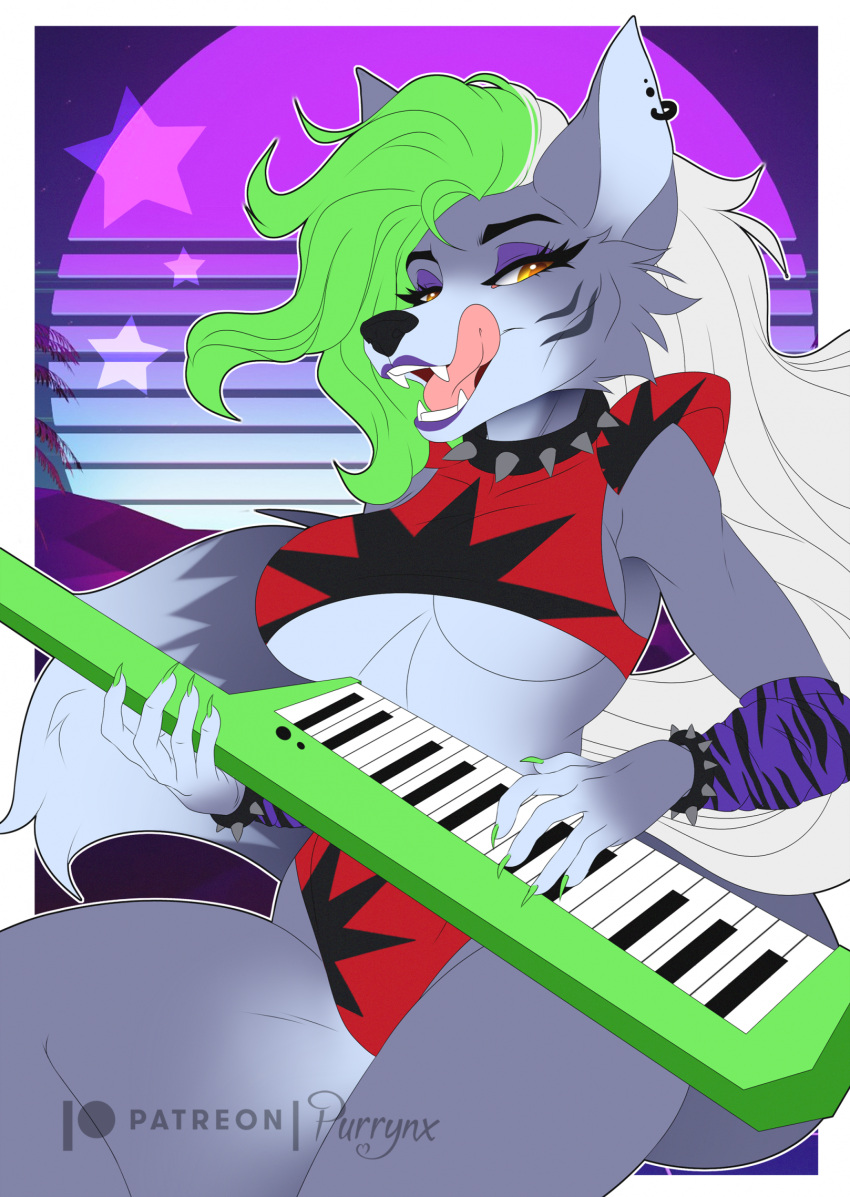 2023 anthro bottomwear canid canine canis clothing digital_media_(artwork) female five_nights_at_freddy's five_nights_at_freddy's:_security_breach fur green_hair grey_body grey_fur hair hi_res keyboard_instrument keytar licking licking_lips makeup mammal musical_instrument purrynx red_clothing roxanne_wolf_(fnaf) scottgames seductive smile solo steel_wool_studios tongue tongue_out topwear white_hair wolf yellow_eyes