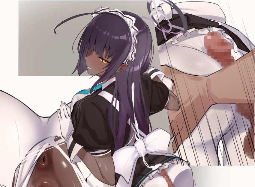 1boy 1girl ahoge alba_note019 anus black_hair blue_archive breasts brown_eyes buttjob censored comiket_101 commentary_request cum dark-skinned_female dark_skin ejaculation gloves hetero karin_(blue_archive) large_breasts long_hair looking_at_viewer looking_back maid maid_headdress mosaic_censoring motion_lines multiple_views pantyhose parted_lips penis precum solo_focus torn_clothes torn_pantyhose white_gloves white_pantyhose