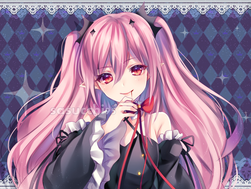 1girl bat_hair_ornament black_dress black_ribbon blood blood_from_mouth bow buttons detached_sleeves dress hair_ornament krul_tepes long_hair looking_at_viewer owari_no_seraph painttool_sai_(medium) pink_hair pointy_ears red_bow red_eyes red_ribbon ribbon sasucchi95 sleeveless sleeveless_dress smile solo sparkle