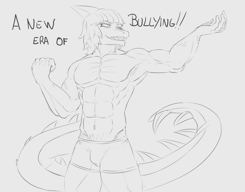 5_fingers anthro athletic badfidhell black_and_white bone_frill boxer_briefs boxer_briefs_only boxers_(clothing) boxers_only briefs bulge clothed clothing crossgender dinosaur english_text fingers fist frill_(anatomy) ftm_crossgender girly grin hadrosaurid hi_res i_wani_hug_that_gator long_tail looking_aside male mia_(iwhtg) monochrome muscular navel non-mammal_navel ornithischian parasaurolophus pubes raised_arm reptile scalie sharp_teeth simple_background sketch smile solo spiked_tail spikes spikes_(anatomy) standing tail teeth text toothy_grin topless underwear underwear_only