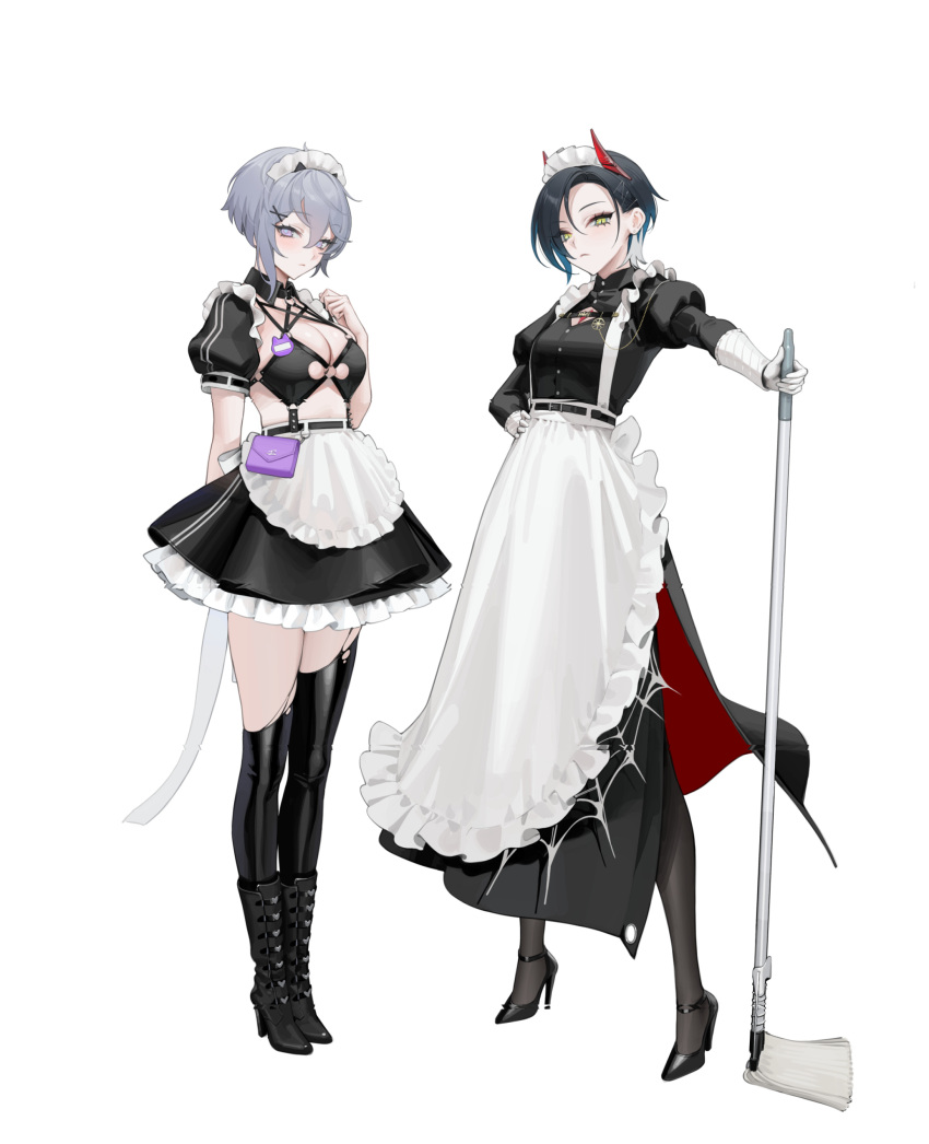 2girls absurdres apron arm_behind_back azur_lane bellona_(armed_to_clean)_(azur_lane) bellona_(armed_to_clean)_(azur_lane)_(cosplay) bellona_(azur_lane) black_dress black_hair black_skirt breasts cleavage clenched_hand commentary_request cosplay costume_switch detached_collar detached_sleeves dress eyeshadow frilled_apron frilled_skirt frills hair_between_eyes hair_ornament hairclip hand_on_own_hip hand_up high_heels highres holding holding_mop horns looking_at_viewer maid_headdress makeup medium_breasts midriff mop multicolored_hair multiple_girls ohisashiburi purple_eyes purple_hair red_eyeshadow revealing_clothes short_hair skirt slit_pupils thighhighs torn_clothes torn_thighhighs two-tone_hair ulrich_von_hutten_(azur_lane) ulrich_von_hutten_(mayhem_maid)_(azur_lane) ulrich_von_hutten_(mayhem_maid)_(azur_lane)_(cosplay) waist_apron white_apron white_hair yellow_eyes